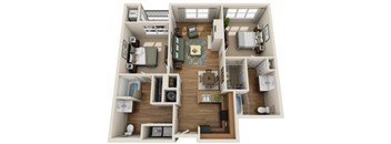 A 3D floor plan of a house showing a living room, kitchen, and two bedrooms.