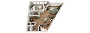 A top-down view of a small apartment with a living room, kitchen, and bedroom.