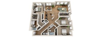 A 3D floor plan of a house with a living room, kitchen, dining room, and bedrooms.