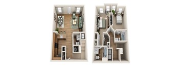 A top down view of a small apartment with a kitchen, living room, and bedroom.