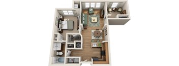A 3D floor plan of a small apartment with a kitchen, living room, and bedroom.