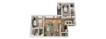 A 3D floor plan of a house showing a living room, kitchen, and bedrooms.