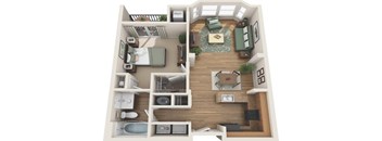 A top-down view of a small apartment with a living room, kitchen, and bedroom.