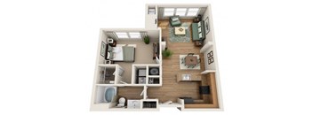 A top-down view of a small apartment with a kitchen, living room, and bedroom.