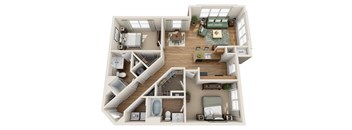 A 3D floor plan of a house showing a living room, kitchen, and bedrooms.