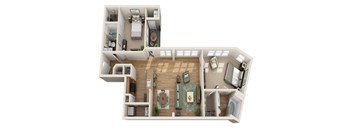 A top-down view of a house layout with a living room, kitchen, dining area, and bedrooms.