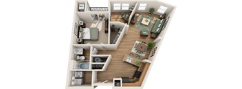 A top-down view of a small apartment with a kitchen, living room, and bedrooms.