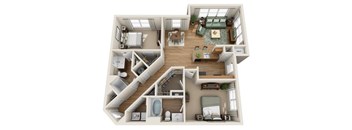A 3D floor plan of a house showing a living room, kitchen, and bedrooms.