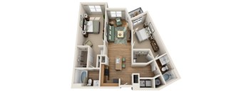 A top-down view of a small apartment with a living room, kitchen, and bedroom.