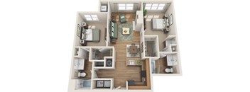 A top-down view of a small apartment with a kitchen, living room, and bedroom.