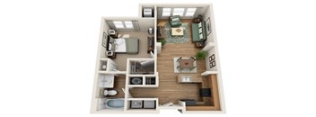A 3D floor plan of a house with a kitchen, living room, and bedrooms.