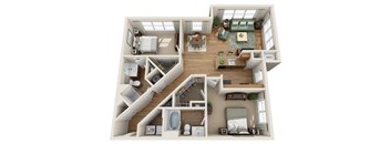 A 3D floor plan of a house with multiple rooms and furniture.