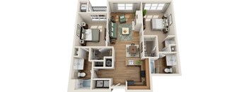 A 3D floor plan of a house with a kitchen, living room, and two bedrooms.