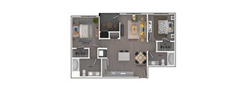 A floor plan of a house with a living room, dining room, kitchen, and bathroom.