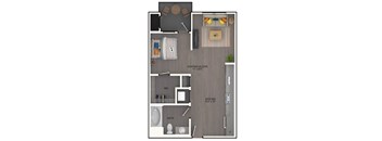 A floor plan of a small apartment with a sleeping alcove and a kitchen.