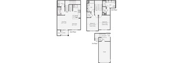 A set of three house floor plans showing the first, second and third floors.
