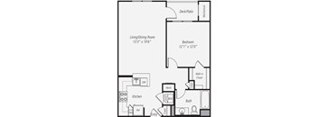 A floor plan of a house with a living/dining room, kitchen, bathroom, and bedroom.