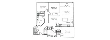 A floor plan of a house with three bedrooms, a living room, a dining room, a kitchen, a bath, a laundry area, and a garage.