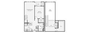 A floor plan of a house with a living room, kitchen, bathroom, and loft.