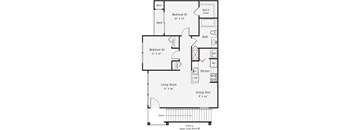 A floor plan of a small apartment with two bedrooms, a living room, a kitchen, and a bathroom.
