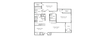 A floor plan of a house with two bedrooms, a living room, a dining area, a kitchen, a bath, and a deck.
