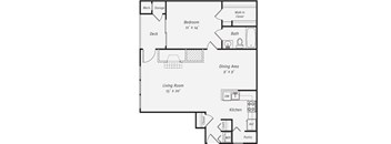 A floor plan of a house with a living room, dining area, kitchen, bedroom, and bathroom.