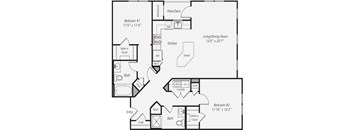 A floor plan of a home with two bedrooms, a living/dining room, kitchen, and bathrooms.