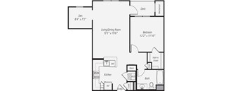 A floor plan of a house with a den, living room, kitchen, bathroom, bedroom, and deck.