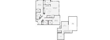 A floor plan of a house with a living room, two bedrooms, a bathroom, a kitchen, a study, and an open area to the back.