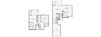 A floor plan of a two-story house with a deck and terrace.