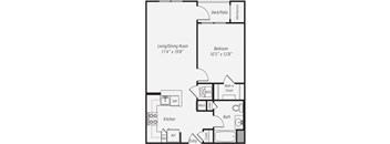 A floor plan of a small apartment with a living room, dining room, kitchen, bathroom, and bedroom.
