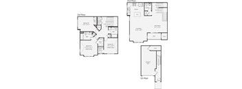 A floor plan of a house with three bedrooms and a garage.