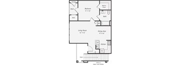 A floor plan of a house with a living room, dining area, kitchen, bedroom, and bathroom.