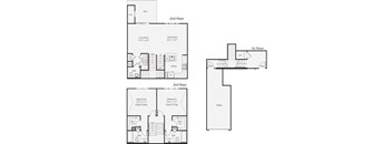 A floor plan of a house with three floors and a garage.