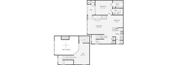 A floor plan of a house with a living room, dining area, kitchen, and two bathrooms.