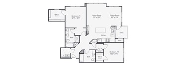 A black and white image of a house floor plan with two bedrooms, a living room, a dining room, a kitchen, a bathroom, a deck, and a walk-in closet.