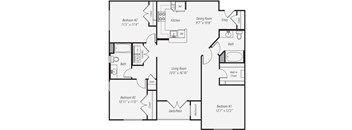 A black and white image of a house floor plan with a living room, dining room, kitchen, and three bedrooms.