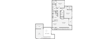 A floor plan of a house with two bedrooms, a living room, a deck, a kitchen, a bathroom, a dining area, and a storage space.