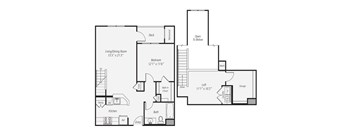 A floor plan of a house with a living room, kitchen, bathroom, and two bedrooms.