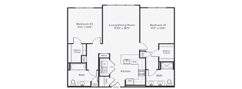 A black and white image of a house floor plan with two bedrooms, a living/dining room, a kitchen, two bathrooms, and an entry.
