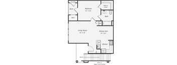 A floor plan of a house with a living room, dining area, kitchen, bedroom, bathroom and storage.
