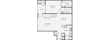 A floor plan of a house with a living room, dining area, kitchen, pantry, bedroom, bath, and deck.