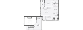A floor plan of a house with a deck, two bedrooms, a living room, a dining area, a kitchen, a laundry room, and an open area to the back.