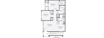 A floor plan of a house with two bedrooms, a living room, a kitchen, a bathroom, and a dining area.