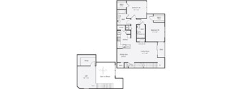 A floor plan of a house with a deck, two bedrooms, a bathroom, a kitchen, and a loft.