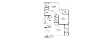 A floor plan of a home with two bedrooms, a living room, a dining area, a kitchen, a walk-in closet, and a deck.