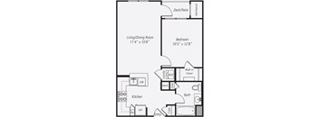 A floor plan of a house with a living/dining room, kitchen, bathroom, and bedroom.