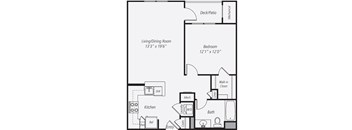 A floor plan of a small apartment with a living room, kitchen, bathroom, and bedroom.