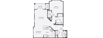 A floor plan of a house with a living room, dining room, kitchen, and bedroom.