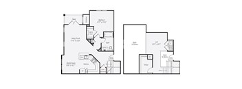 A floor plan of a house with a deck, living room, dining room, kitchen, and two bathrooms.